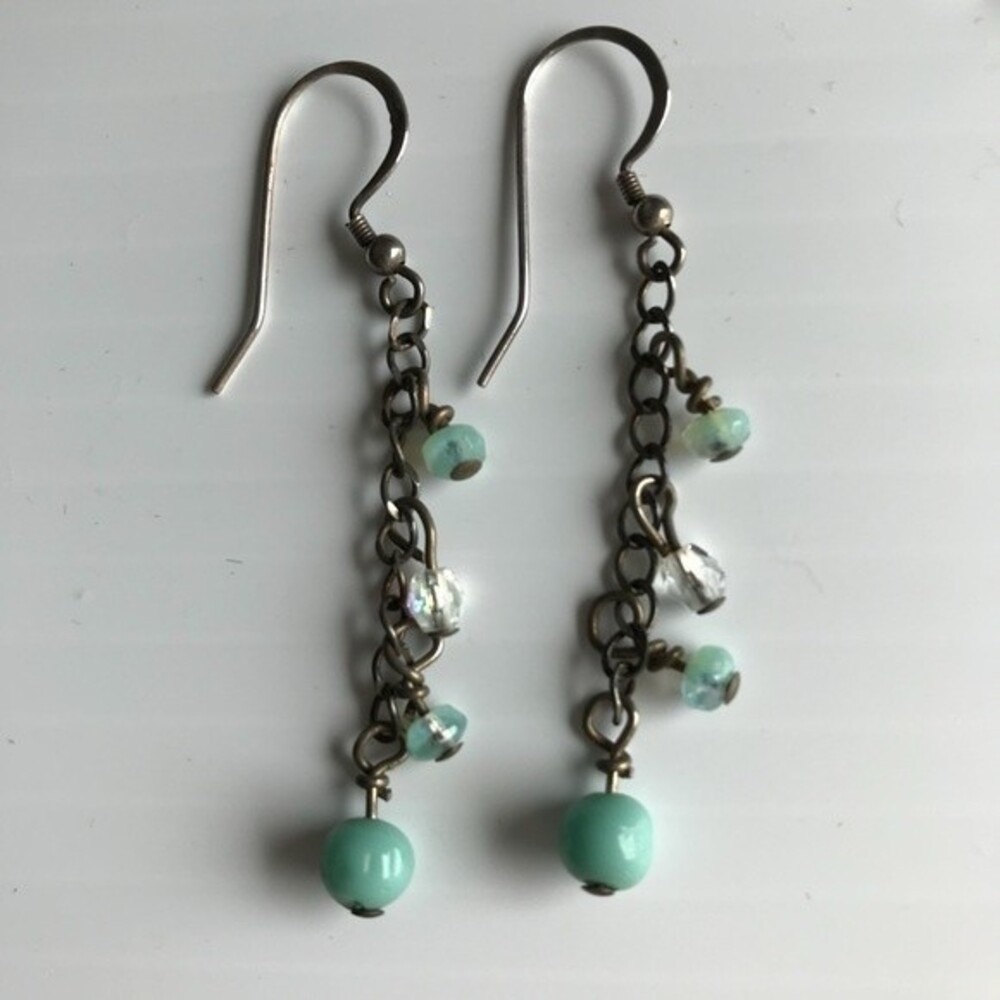 Vintage Handmade Aqua Beads Crystal Sterling Silver Dangle Drop Earrings